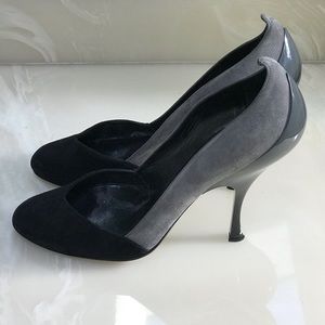 Miu Miu ombré gray and black suede heels.